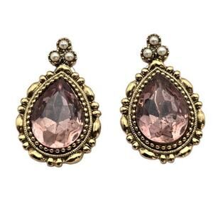 Blush Pink Faceted Teardrop Earrings Gold Ornate - Victorian Romance